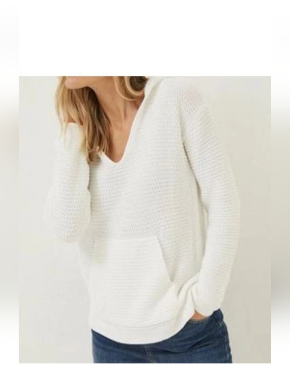 Anthropologie Cream Textured V-Neck Knit Pullover Size Medium Cotton & Linen